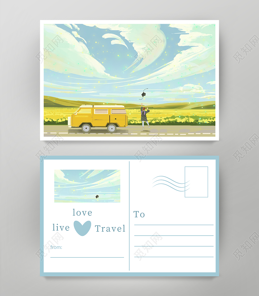 淡蓝色简约卡通小清新爱生活爱旅游明信片设计