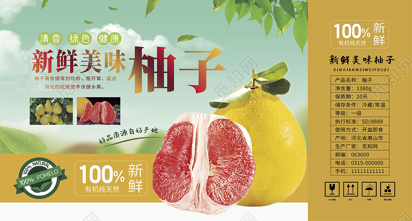 绿色清新新鲜美味柚子绿叶背景手提盒包装柚子包装