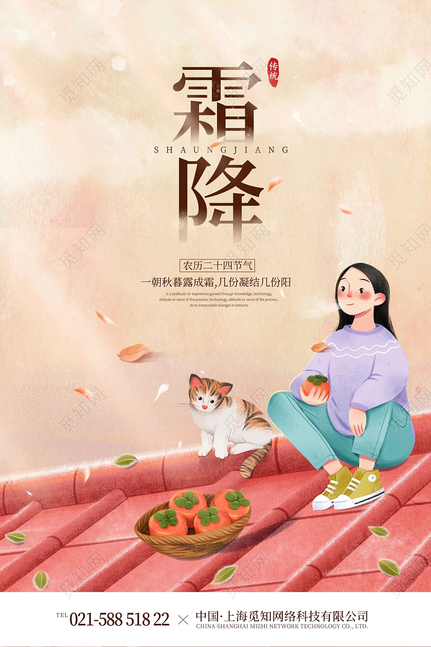 暖色时尚大气简约手绘插画霜降海报