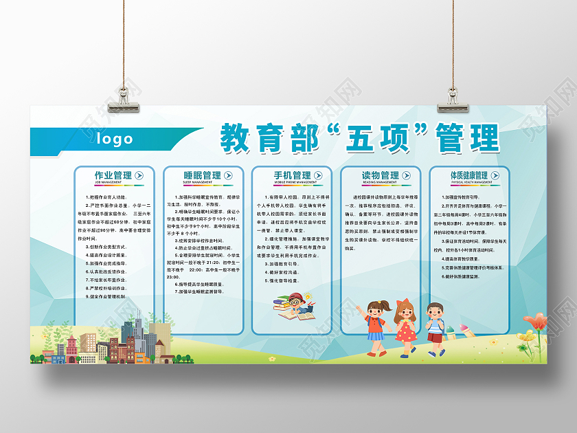蓝色简约时尚大气学校五项管理活动展板