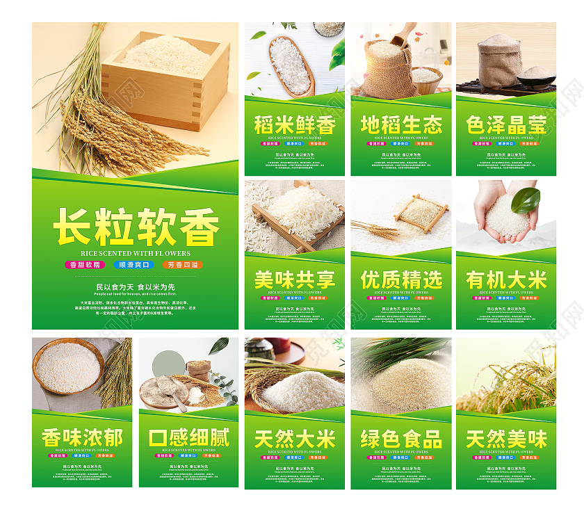 绿色渐变背景厂里软香大米套图海报