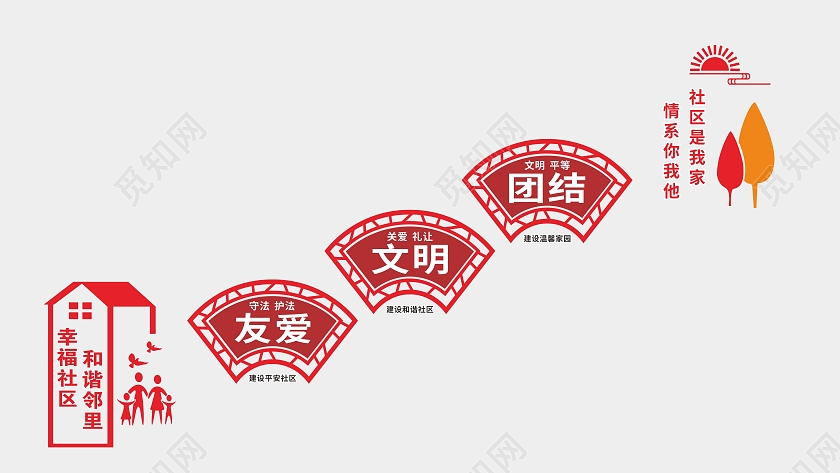 红色简约大气幸福社区和谐邻里社区楼梯文化墙