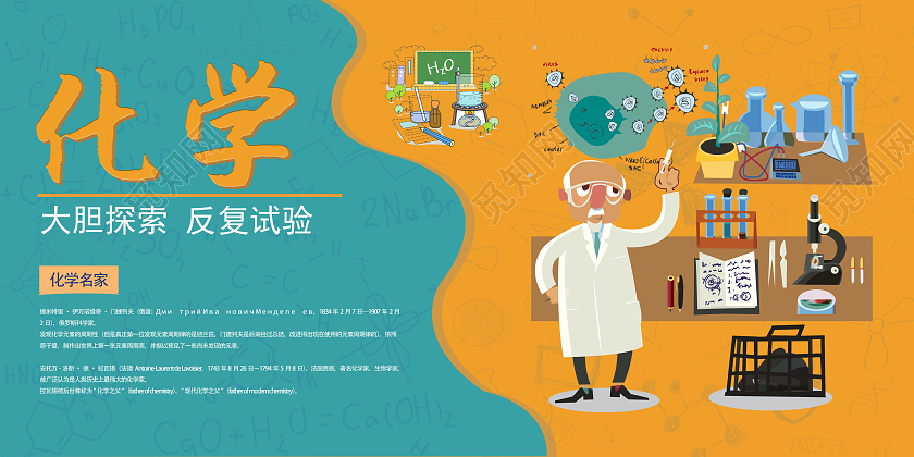 蓝色拼接风简约卡通化学宣传海报化学海报