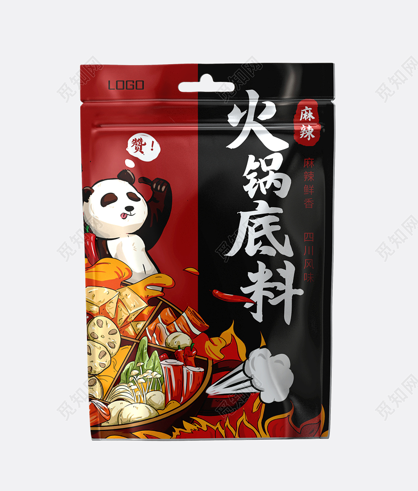 黑色高端大气国潮手绘麻辣火锅底料包装四川风味