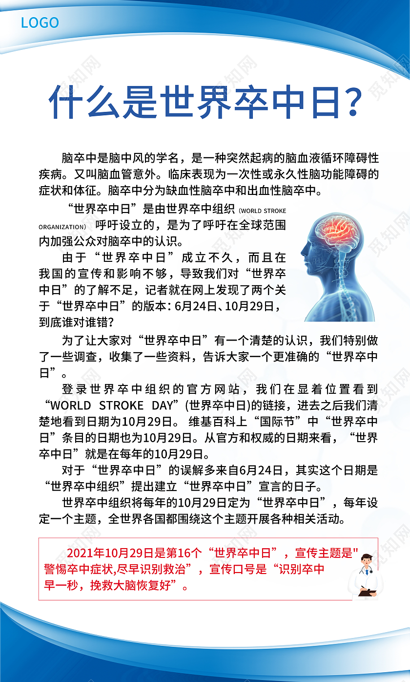 蓝色简约大气科技风世界卒中日制度套图世界卒中日宣传套图