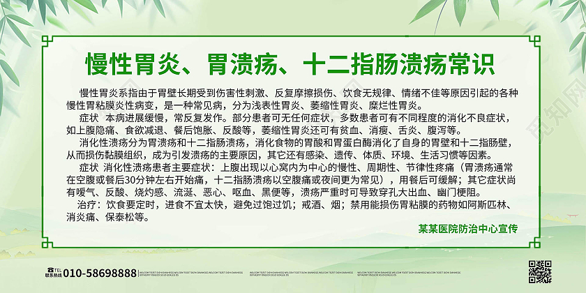 浅绿色简洁大气慢性胃炎胃溃疡常识宣传展板设计