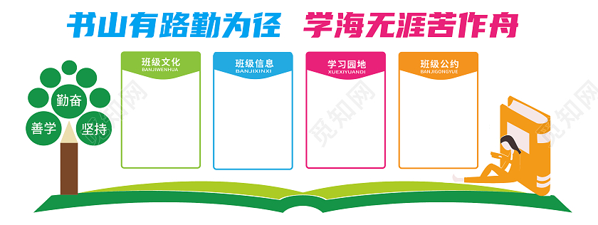 彩色简约书山有路勤为径学海无涯苦作舟班级文化墙