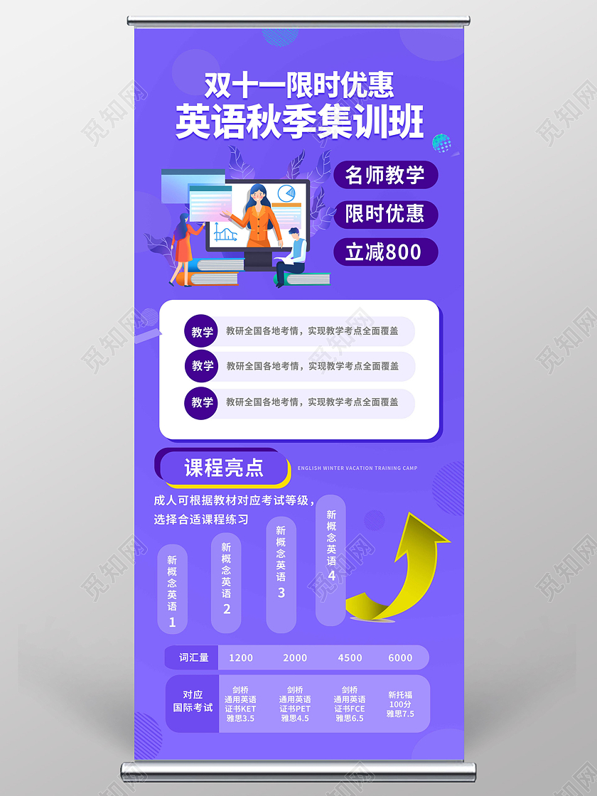 紫色背景创意扁平化双11限时优惠英语秋季集训班招生宣传易拉宝培训班双十一