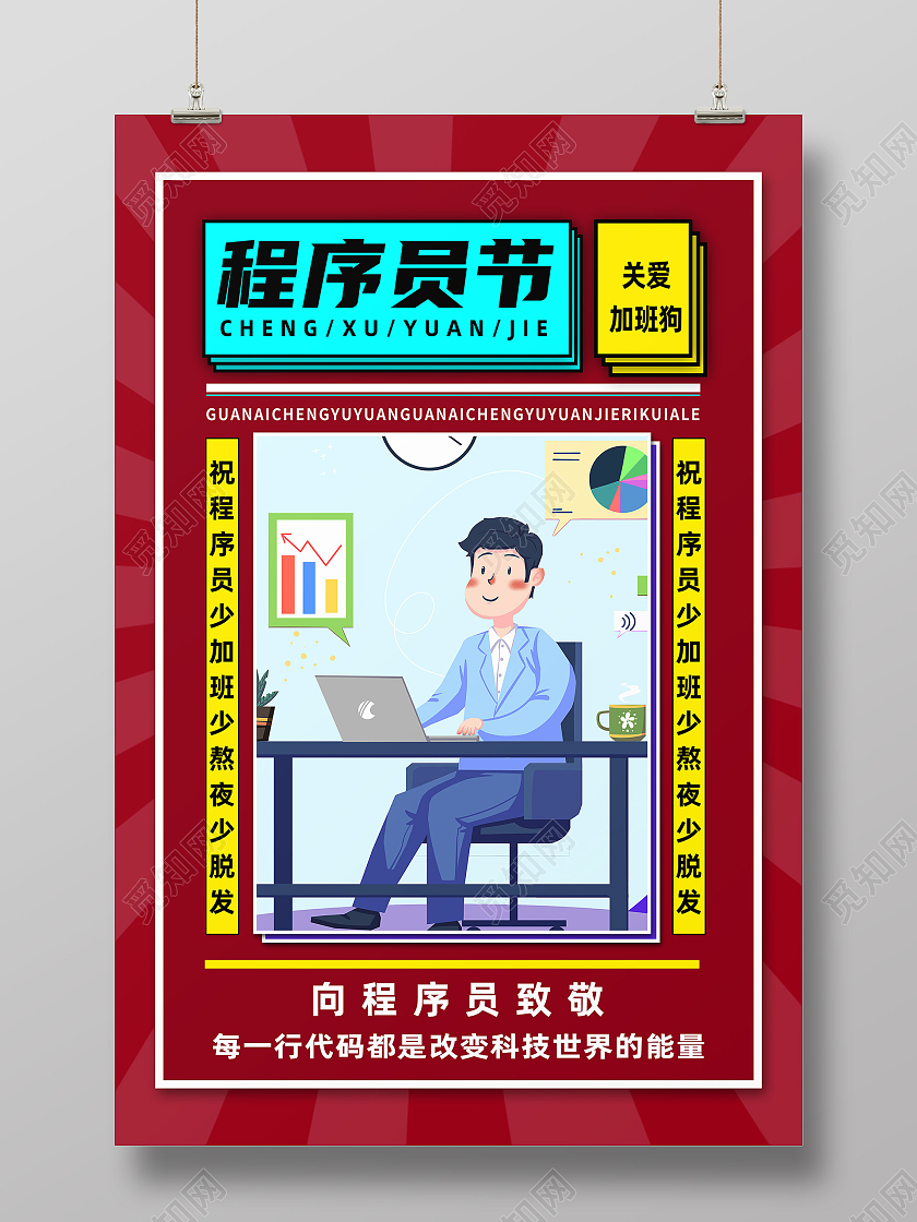 红色卡通关爱程序员1024程序员节海报