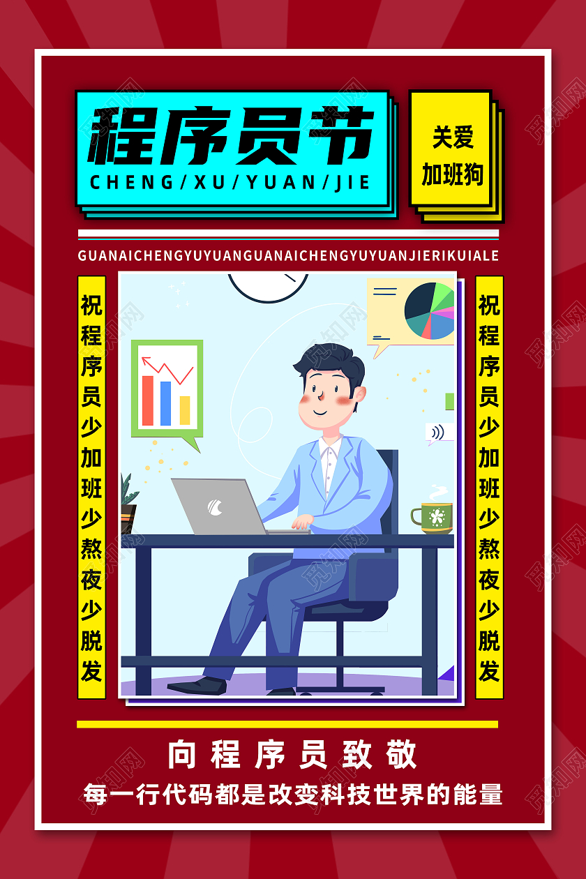 红色卡通关爱程序员1024程序员节海报