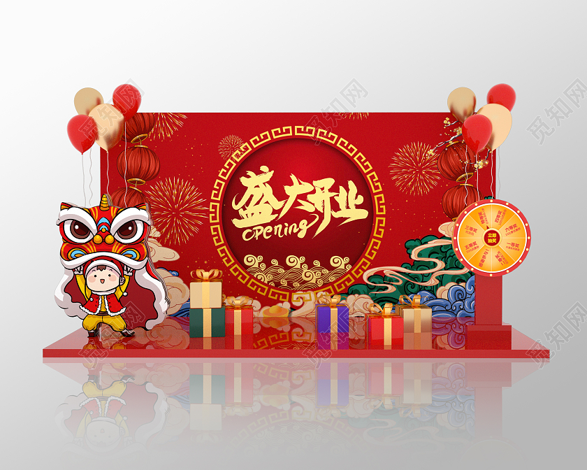 红色盛大开业开业大钜惠开业中国风美陈C4D文件开业美陈