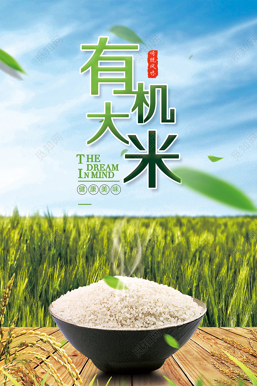 蓝天麦田健康美味创意有机大米海报