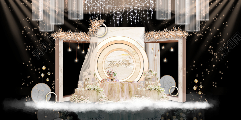 香槟色现代高端创意浪漫梦幻婚庆背景效果图香槟色婚礼婚礼效果图