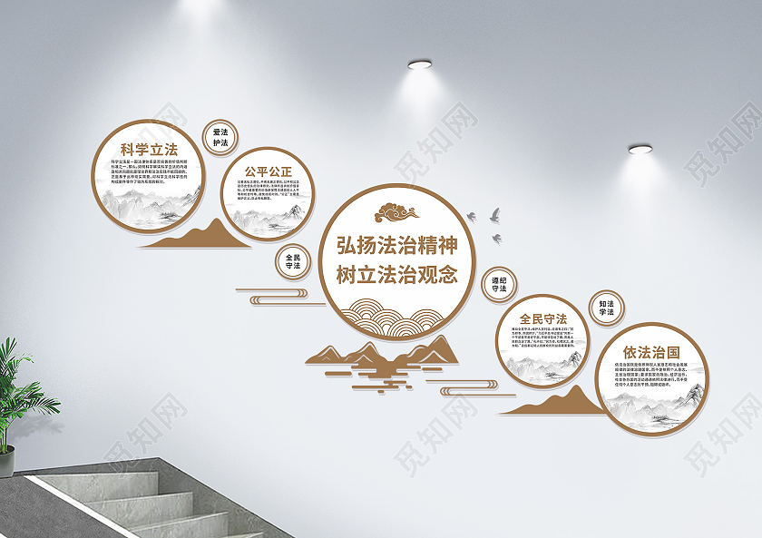 创意简约圆形中式风格法治宣传楼梯文化墙法治文化墙