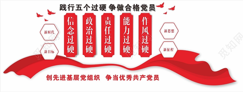 红色主题五个过硬宣传文化墙党建文化墙五个过硬文化墙