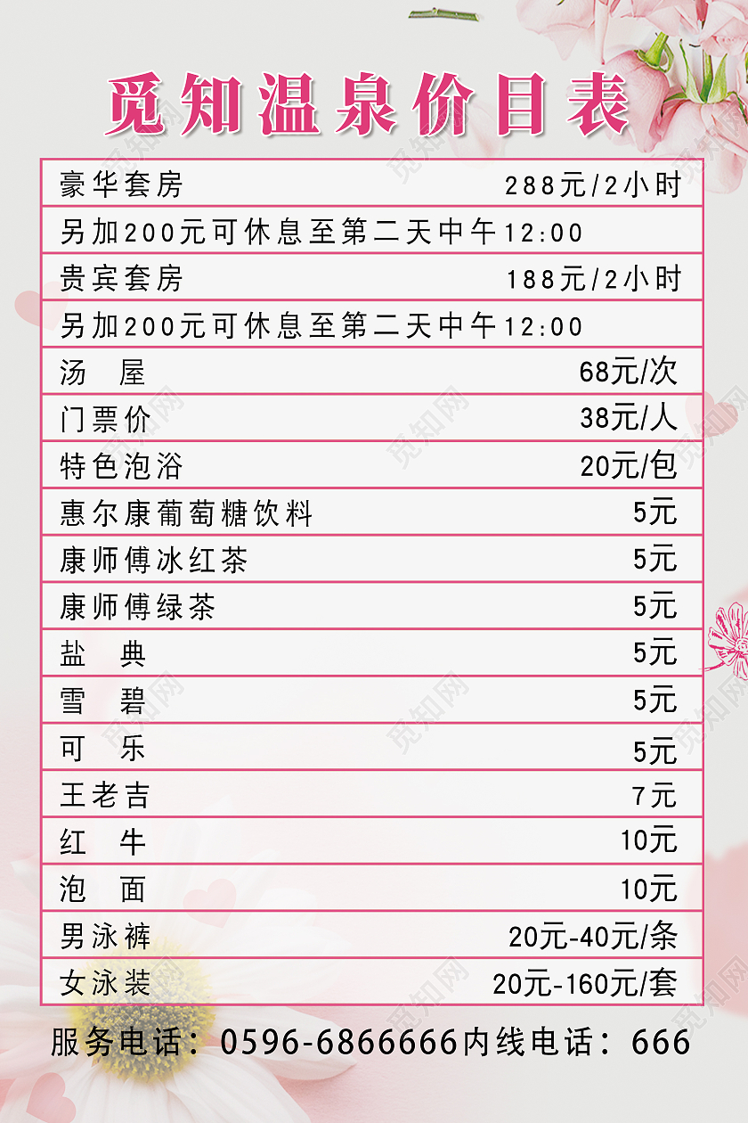 粉色简约时尚大气温泉价格表海报温泉价目表