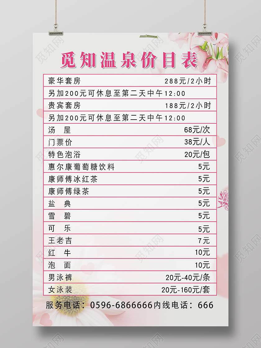 粉色简约时尚大气温泉价格表海报温泉价目表