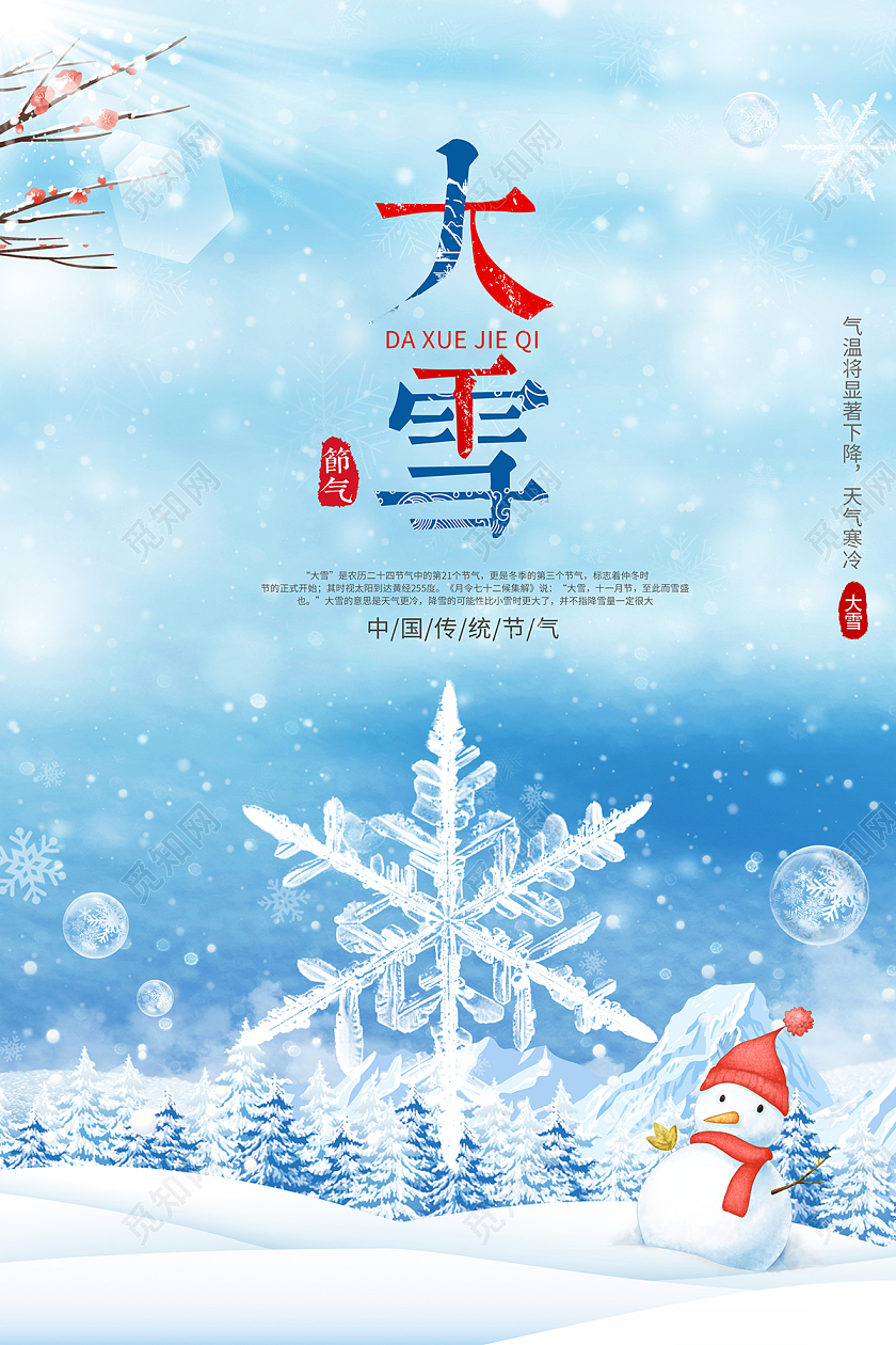 2021蓝色冰雪雪花大雪节气海报