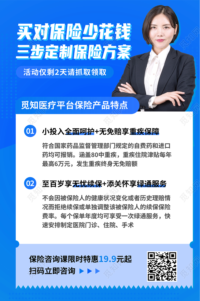 蓝色简约买对保险少花钱方案解决方案海报方案手机海报