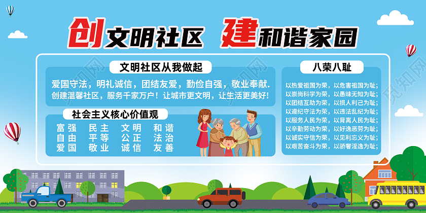 蓝色简约创文明社区建和谐家园文明社区展板