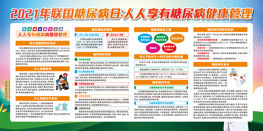 蓝色卡通2021年联国糖尿病日人人享有糖尿病健康管理宣传栏世界糖尿病日宣传栏