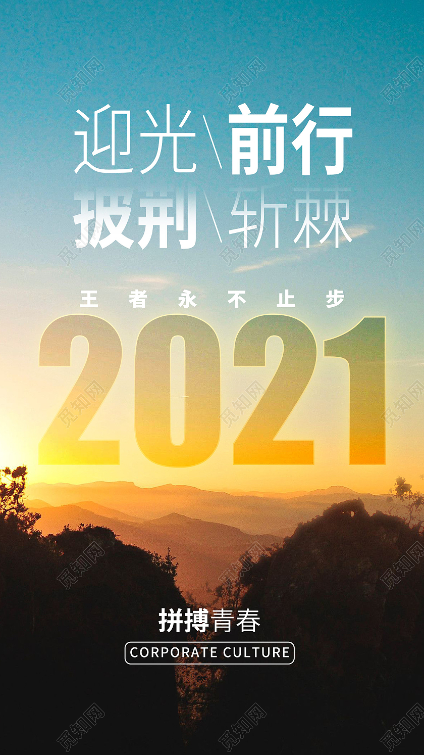 蓝色简约风2021迎光前行披荆斩棘手机海报逆光前行正能量励志摄影图海报