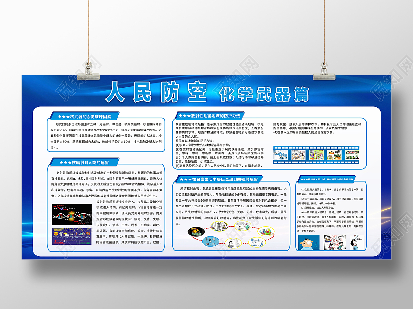 蓝色简约背景人民防空展板人民防空化学武器篇