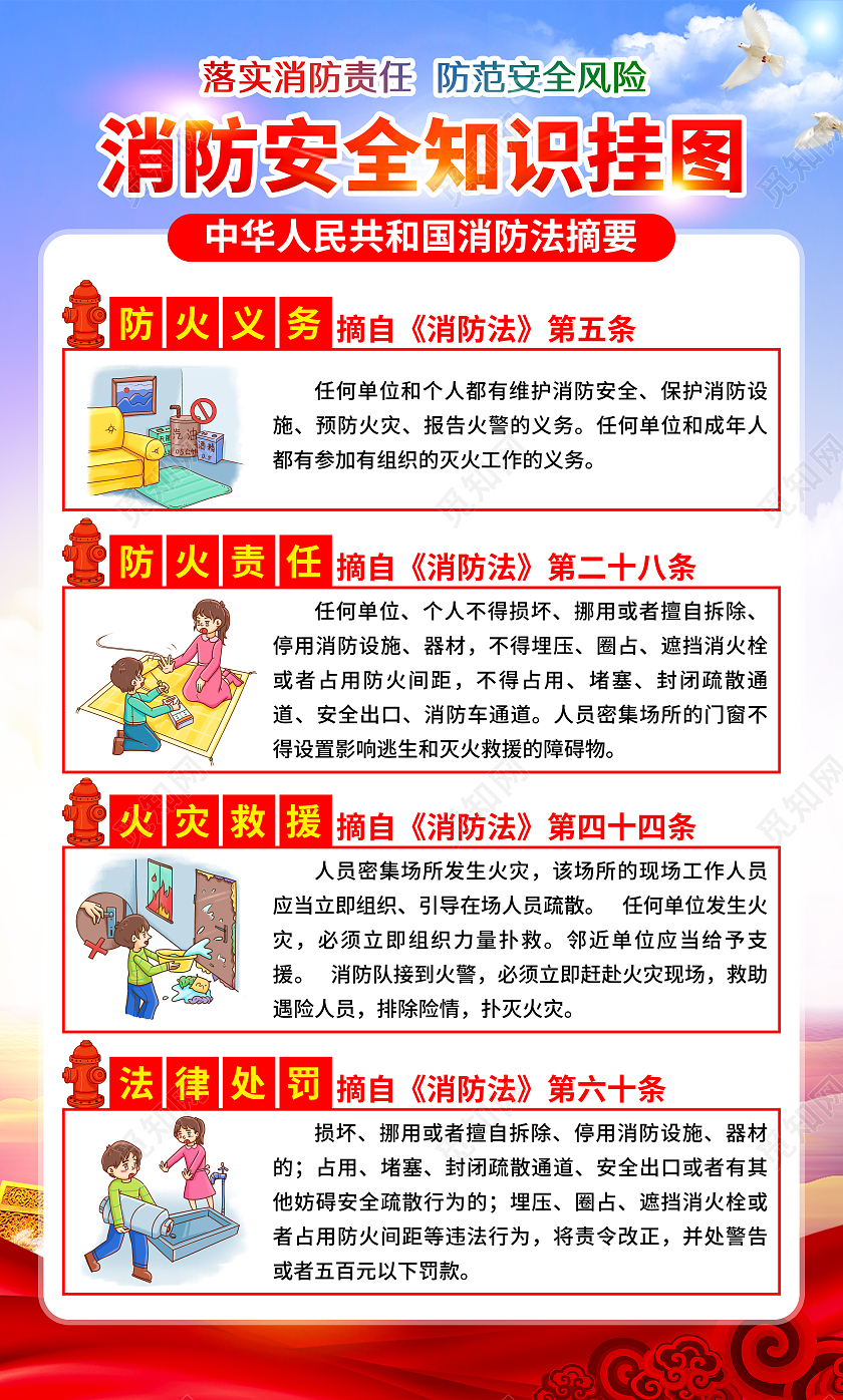 原创蓝色大气全国消防日宣传挂画全国消防日套图
