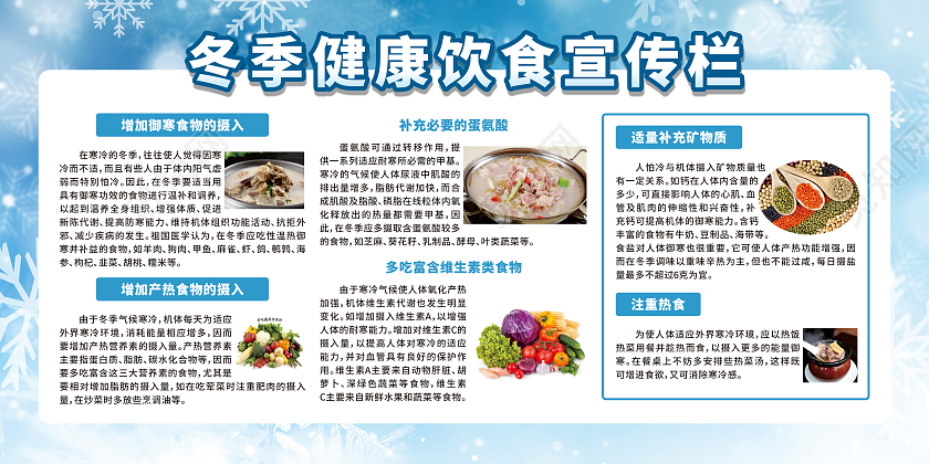 蓝色卡通冬季健康饮食小知识宣传栏冬季养生
