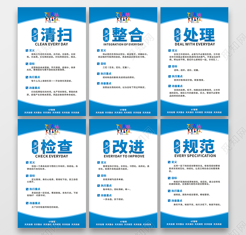蓝色大气背景处理清扫整合检查改进规范6T管理制度套图