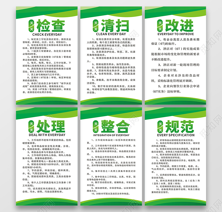 绿色渐变背景处理清扫整合检查改进规范6T管理制度套图
