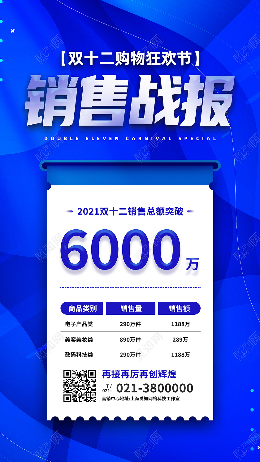 蓝色简约销售战报双十二手机海报