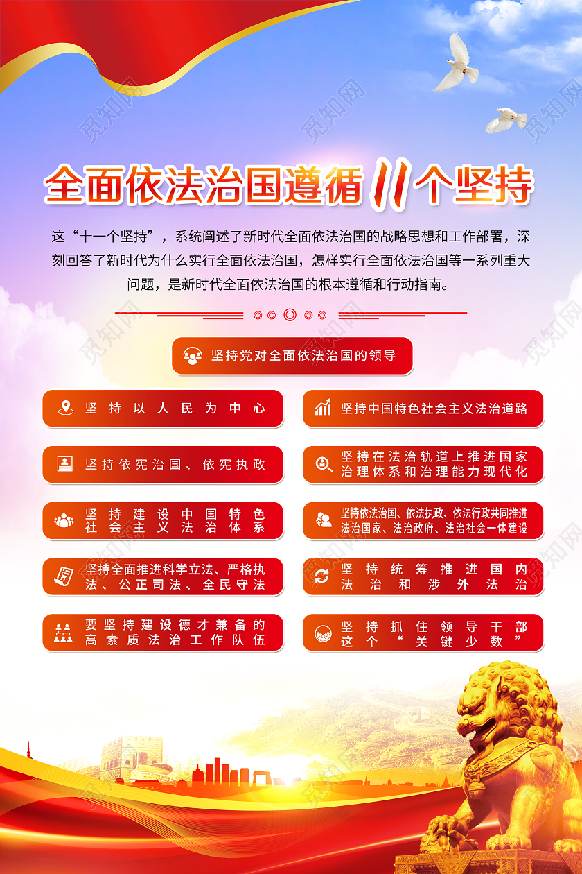蓝色风格新时代全面依法治国11个坚持党建展板挂画