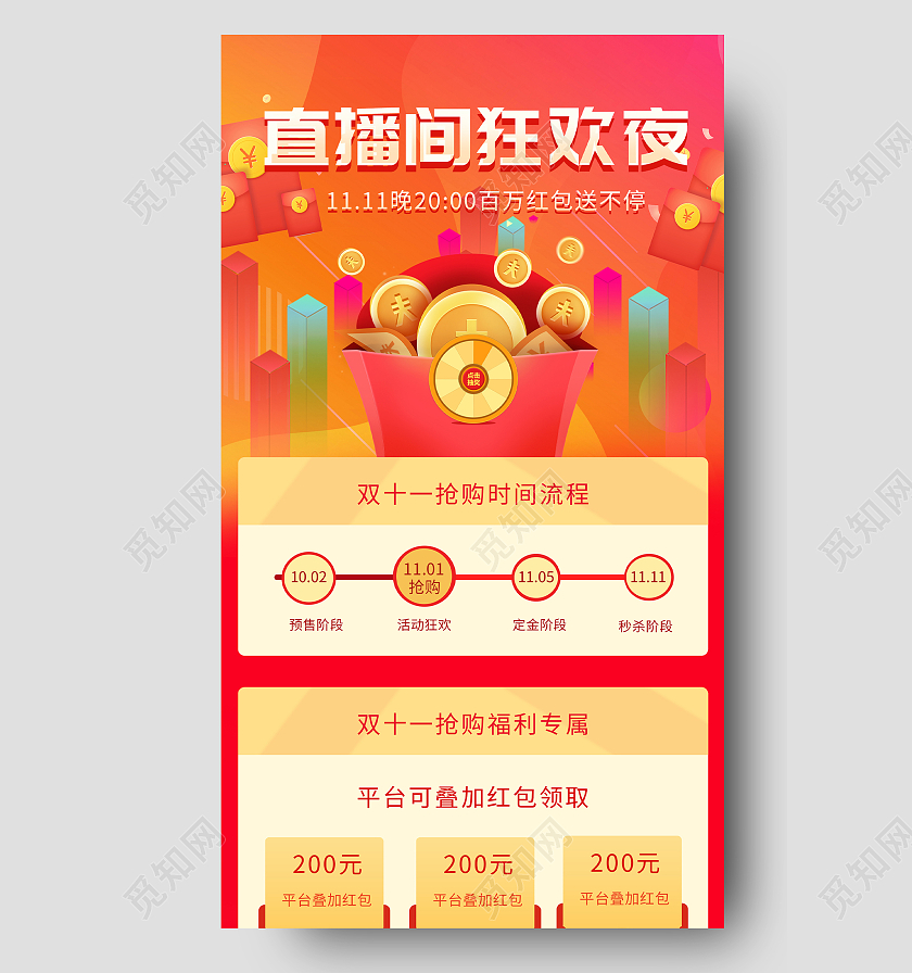 红色大气直播间狂欢夜UI手机长图海报双十一