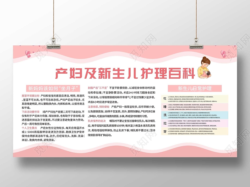 粉色小清新产妇及新生儿护理百科宣传展板面部护理