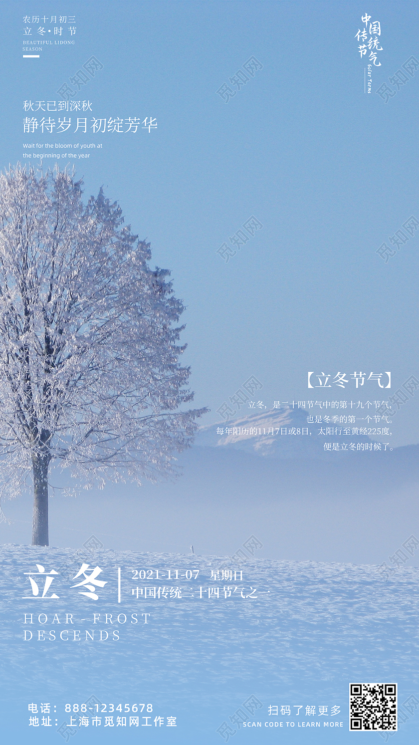 蓝色简约摄影图冬季雪景立冬手机海报