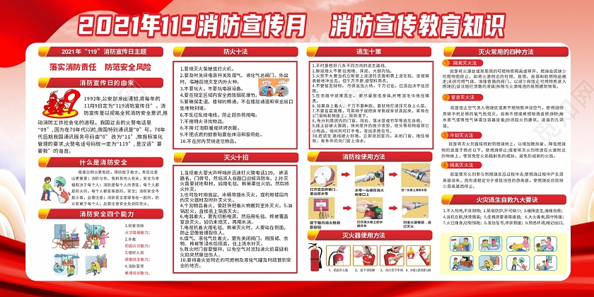2022年彩色大气落实消防责任防范风险消防安全全国消防日宣传栏