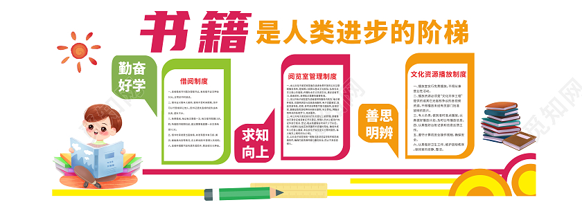 彩色可爱活泼风格读书学习图书馆文化墙