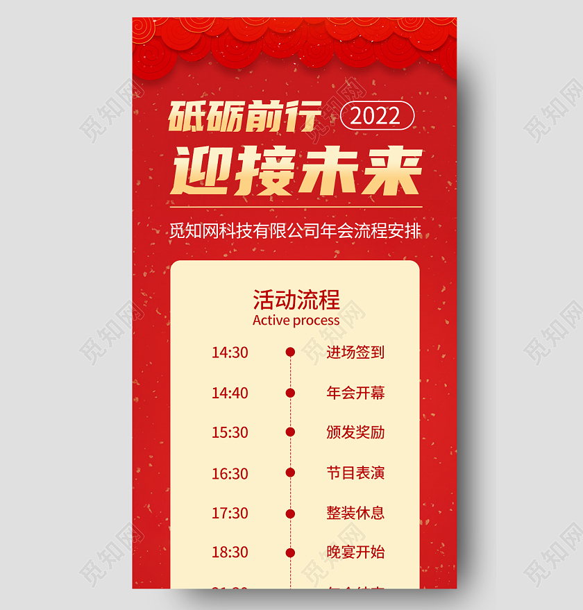 红色中国风砥砺前行迎接未来年会流程手机长图