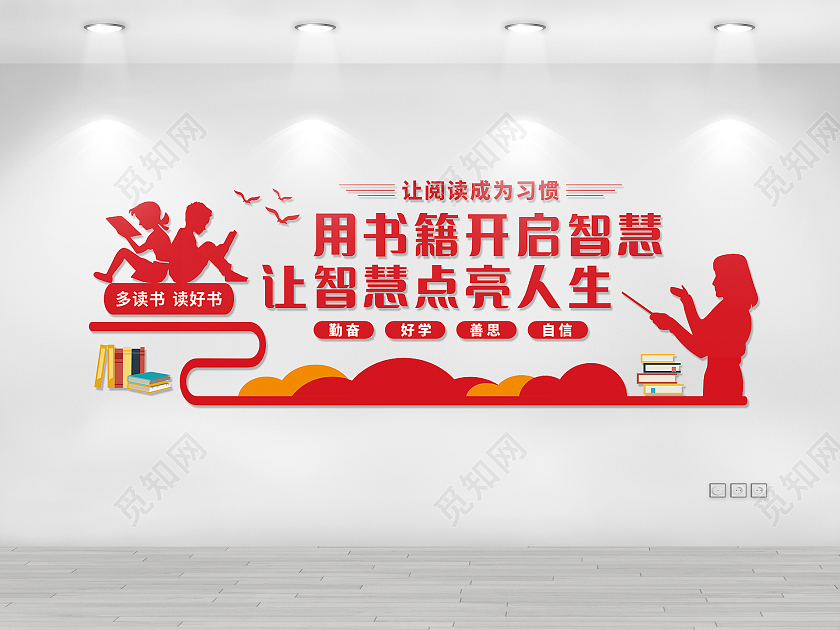 红色风格用书籍开启智慧让智慧点亮人生图书室文化墙图书馆文化墙