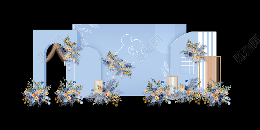 蓝色婚礼舞台区域吊顶婚礼效果图