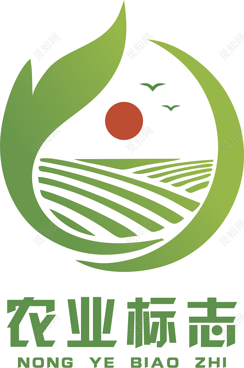 农业标志logo绿色农田红色太阳圆形logo农业logo