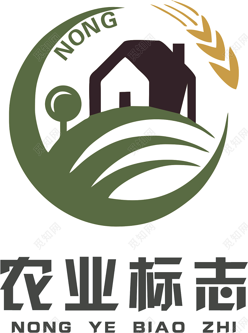 农业logo房子树木农田稻穗圆形logo