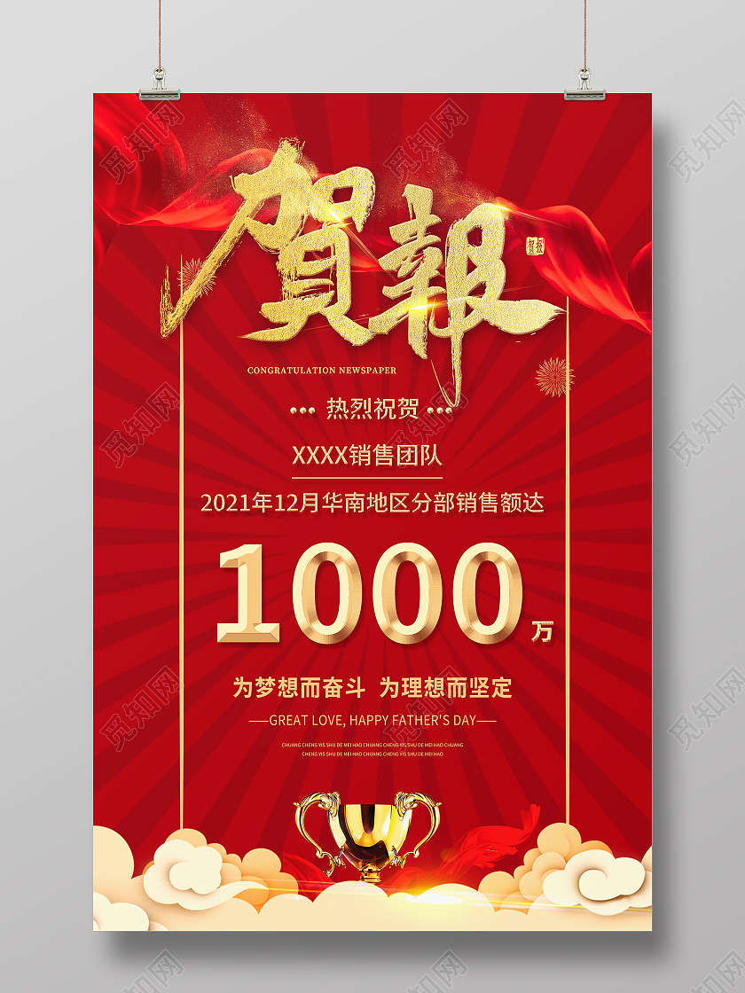 红色大气贺报热烈祝贺金融销售活动海报贺报大气红金金融销售海报