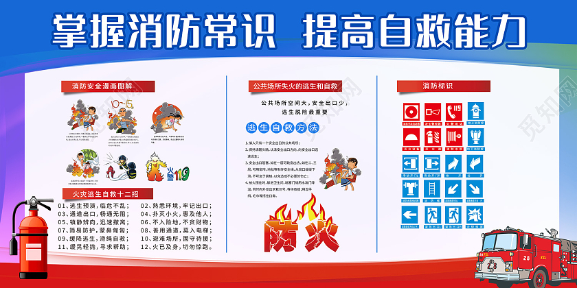蓝红色简约风掌握消防常识提高自救能力消防展板消防安全宣传展板
