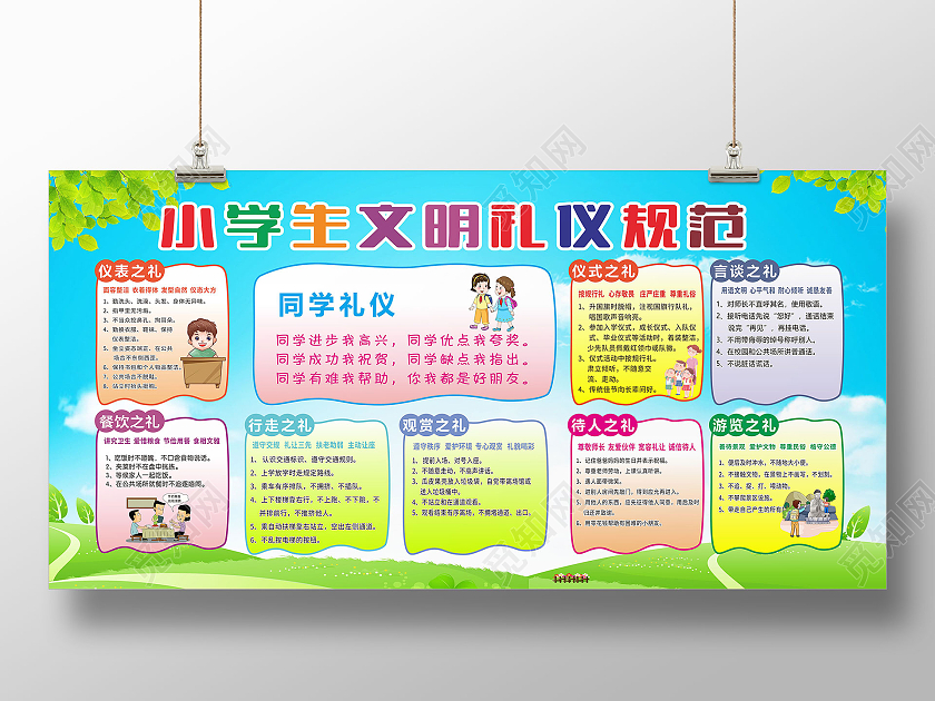 绿色简约大气卡通小学生文明礼仪宣传栏