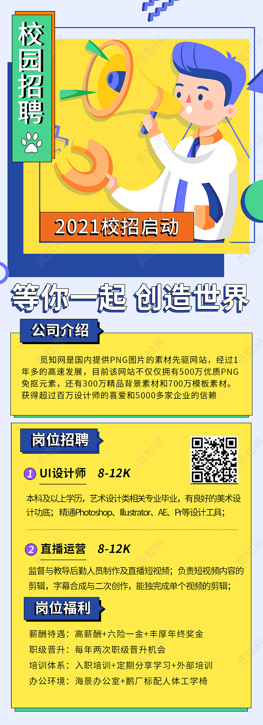 黄色简约时尚大气招聘学校手机海报校园招聘长图