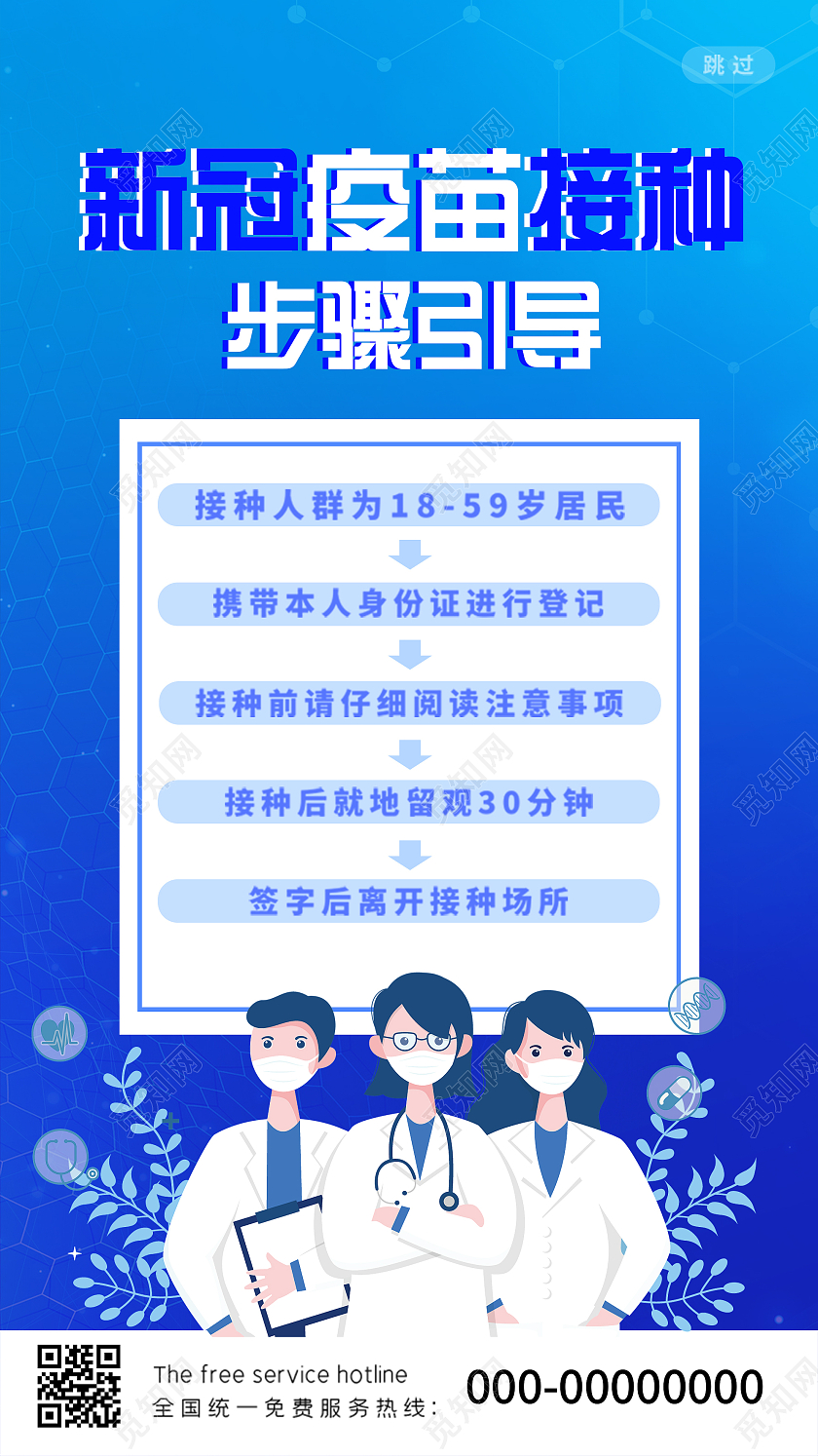 蓝色插画新冠疫苗接种步骤引导UI手机海报疫苗接种H5