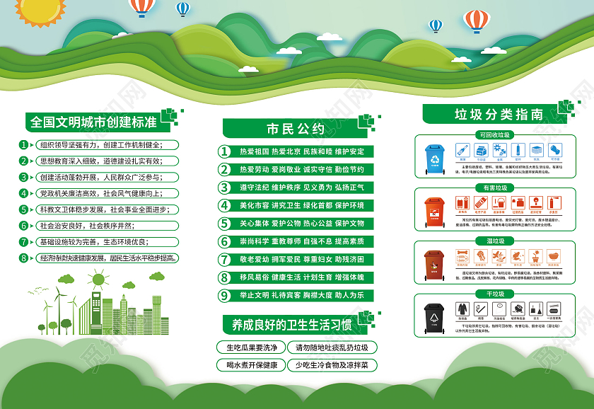 绿色剪纸清新让市民更幸福让城市更美好文明城市三折页文明城市宣传栏