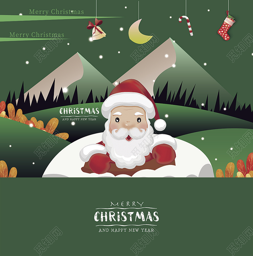 绿色高档插画背景圣诞包装手提盒包装盒圣诞老人圣诞节包装